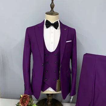 Мужской новый деловой формальный фиолетовый комплект 2023 года с острым краем и лацканами, классический однобортный комплект из трех предметов (куртка + брюки + жилет)