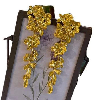 Xl Ультрадлинные серьги с объемным цветком в стиле ретро, золотистый свет, роскошные серьги на плечо с разверткой