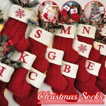 Рождественские носки, красные буквы алфавита в виде снежинок, Рождественский вязаный чулок, подвеска в виде Рождественской елки, украшения для дома, Рождественский подарок