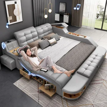 Современная Роскошная Настраиваемая многофункциональная кровать-платформа для хранения татами с Кожаным Хохолком в спальне с мягкой обивкой размера 