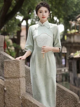FZSLCYIYI Винтажное женское платье Ципао с воротником-стойкой средней длины из замши с расклешенными рукавами, женское платье Чонсам с воротником-стойкой в китайском стиле