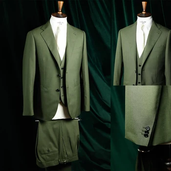 Зеленый мужской костюм, комплект из 3 предметов, блейзер, брюки с одинарным заостренным отворотом, деловой модный официальный свадебный костюм жениха, сшитый на заказ Homme