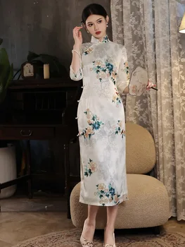 FZSLCYIYI Элегантные женские платья Ципао с атласным рукавом Seven Points в китайском стиле с цветочным принтом, длинные платья Чонсам в стиле ретро