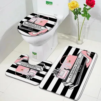 Розовый парфюмерный набор ковриков для ванной В черно-белую полоску, Модный домашний ковер для женщин на высоком каблуке, декор для ванной комнаты, нескользящий коврик, крышка для унитаза