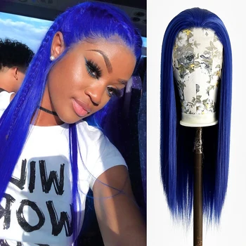 УНИКАЛЬНЫЙ синтетический кружевной парик длиной 26 дюймов, прямые парики, красочные синие парики для чернокожих женщин, Косплей-парик, Свободная часть, Натуральная линия роста волос