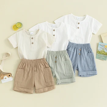 Комплекты летней хлопчатобумажной одежды для новорожденных мальчиков, футболки с круглым вырезом и короткими рукавами на пуговицах, шорты с эластичной резинкой на талии, пляжная одежда