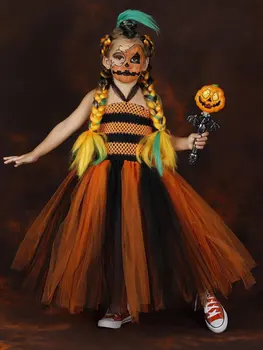 Оранжево-черное платье-пачка для девочек, связанное крючком, Детское тюлевое платье, бальное платье с цветочным бантом для волос, детский костюм для вечеринки на Хэллоуин, платья, ткань
