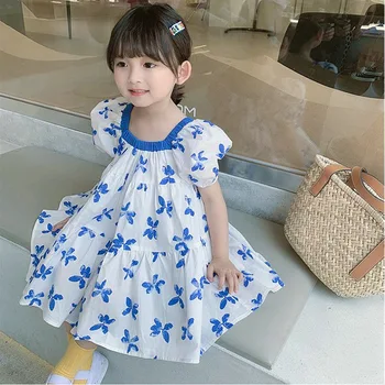 Летнее повседневное хлопковое платье принцессы с контрастными рукавами-бабочками и пышными рукавами для маленьких девочек, прекрасная одежда для школьников 2-8 лет