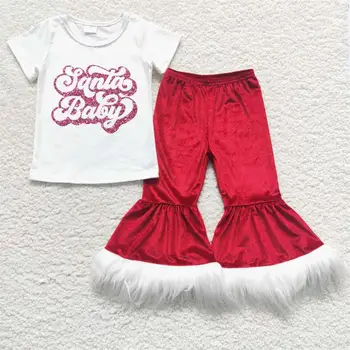 Оптовая продажа Детских рубашек Санта Клауса с короткими рукавами, Рождественский комплект, одежда для маленьких девочек, детские красные бархатные меховые брюки-клеш, одежда