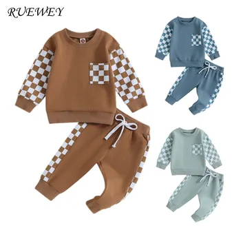 Комплекты детских топов и низов RUEWEY, весенне-осенние свитшоты с длинными рукавами в клетку в стиле пэчворк и брюки с эластичной резинкой на талии