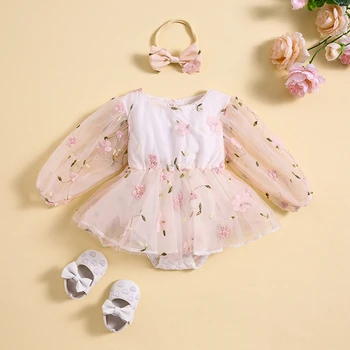 Милое платье-комбинезон для маленьких девочек, комплект из 2 предметов, сетчатый комбинезон с цветочной вышивкой, комплект с длинными рукавами и повязкой на голову для малышей