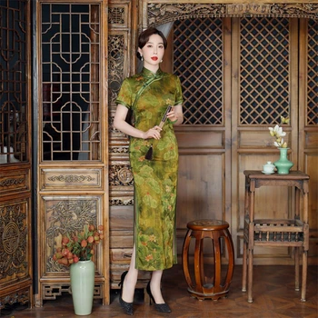 Элегантное зеленое платье Ципао с цветочным принтом Современное китайское традиционное женское платье Чонсам