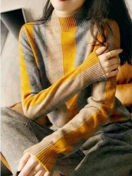 Свитера для женщин 2023, Зимний теплый пуловер, Новый Корейский модный Элегантный Свободный повседневный женский топ в полоску с длинным рукавом