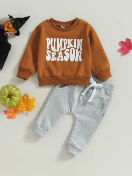 Комплект одежды для Хэллоуина для маленьких мальчиков из 2 предметов, толстовка с круглым вырезом и буквенным принтом и брюки в тон на осень