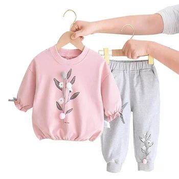 Весенний комплект одежды из чистого хлопка для девочек 1-5 лет, костюм с аппликацией в виде цветка для маленьких девочек, повседневная удобная одежда для малышей