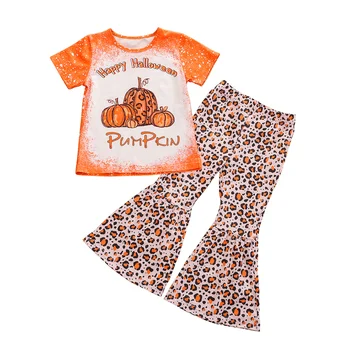 Комплект на Хэллоуин Для Маленьких девочек, Футболка и брюки, Модные топы с короткими рукавами в виде Тыквы и леопардовые брюки-труба, от 1 до 5 лет