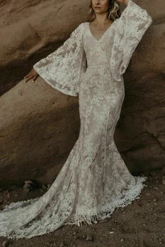 Свадебные платья в стиле бохо, Русалка, V-образный вырез, длинные рукава, Кружевное свадебное платье в богемном стиле с открытой спиной, свадебные платья Vestidos De Novia