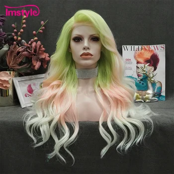 Парик с мишурой Imstyle, омбре, Зелено-розовый парик, синтетический парик с кружевом спереди, длинный волнистый парик для вечеринки, парик для перетяжки волос