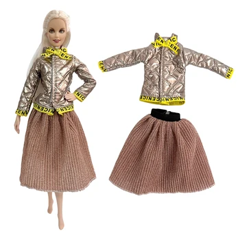 NK 1 Комплект Модного Женского Наряда Крутое Пальто Блестящая Куртка Плиссированная Юбка Повседневная Одежда для Куклы Барби Аксессуары