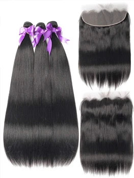 Прямые человеческие волосы 3-4 пучка с фронтальной застежкой 13х4х4, Прозрачные кружевные бразильские пучки для наращивания волос для чернокожих женщин