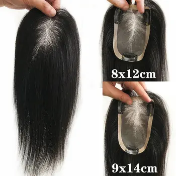 Парик из натуральных человеческих волос 9X14 см для женщин # 3, прямые верхушки 8x12 см, натуральный черный цвет, 8-12 дюймов