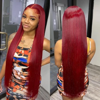 Цвет 99J 13x4 Кружевной фронтальный парик Прямые Малазийские парики из человеческих волос с костями для женщин Красный Бордовый Предварительно выщипанный кружевной фронтальный парик Julia