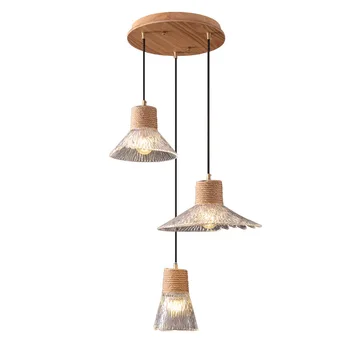 Скандинавский японский минималистичный трехголовый ресторанный подвесной светильник из пеньковой веревки из стеклянного дерева с индивидуальным творчеством, деревянный стиль