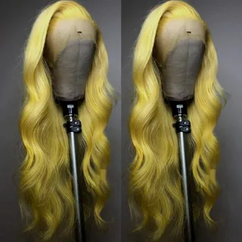 Желтый парик Peluca Без части Синтетический Парик на кружеве спереди Косплей Парик с объемной волной из натуральных волос для чернокожих женщин, предварительно выщипанный по линии роста волос