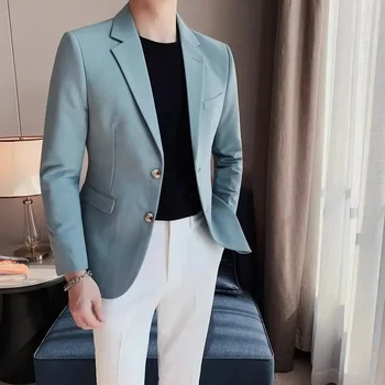 Однобортный мужской деловой пиджак без утюга, приталенный повседневный однотонный пиджак
