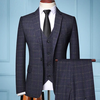 2023 Новый деловой повседневный мужской костюм в клетку из 3 предметов (пиджак, брюки, жилет) - идеально подходит для друзей жениха, свадеб и особых случаев