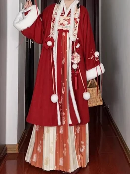 Женская одежда в стиле китайской новогодней зимней песни в стиле Хан, длинная куртка с воротником, плиссированная юбка, повседневный костюм на флисовой подкладке.