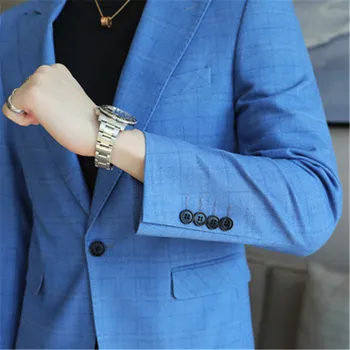 Роскошный однобортный костюм Блейзер Большого размера 5XL с длинным рукавом в английскую клетку Синий Мужской костюм Приталенная повседневная куртка Мужская одежда
