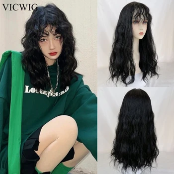 VICWIG Черные кудрявые длинные парики с челкой, синтетический женский парик для косплея в стиле Лолиты, парик из натуральных термостойких волос для ежедневной вечеринки