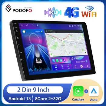 Podofo Android 13 8 core 2 + 32G Автомобильное Радио Для универсального 9-дюймового Carplay Android Auto all-in-one 4G WIFI Голосовое Управление DSP Автомобильное стерео