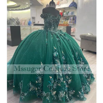 Изумрудно-Зеленое Изысканное Бальное Платье Quinceanera Dress С 3D Цветочной Шнуровкой Сзади, 15-Летняя Вечеринка, День Рождения Принцессы, Вечернее Платье Vestidos