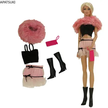Розово-черная Модная кукольная одежда для Барби Юбка Меховой шарф Сумочка Обувь Игрушки для куклы Барби Комплект одежды 1/6 Аксессуары для кукол