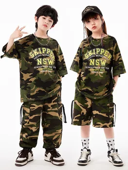 Детская камуфляжная одежда, хлопковая футболка, брюки, костюмы в стиле хип-хоп для девочек, танцевальная одежда для мальчиков, одежда для уличных танцев, одежда для танцев в стиле джаз