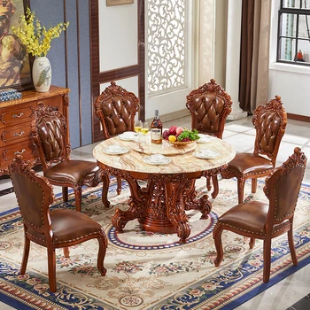 Европейский круглый стол из цельного дерева, американский обеденный стол в стиле ретро, домашний мраморный обеденный стол и стул в сочетании