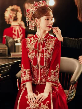 Китайский стиль, традиционные блестки, бисероплетение, кисточки, свадебное платье, женская велюровая одежда для тостов с вышивкой, Чонсам