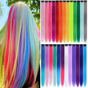 Цветные наращивание волос, многоцветные вечерние блики, заколки для наращивания волос, синтетические 22-дюймовые красочные прямые детские шиньоны
