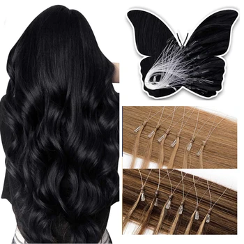 Микроцикл Для Наращивания Человеческих Волос Micro Ring Fish Line Link Наращивание Волос Cold Fusion Remy Hair Для Женщин # 1B Цвет 16-26 Дюймов