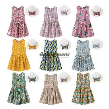 Новые платья для девочек, платья без рукавов для девочек с модным принтом, летние платья принцессы, шляпы от солнца, детские юбки