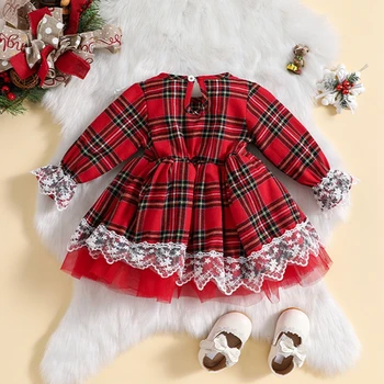 Рождественский наряд для маленькой девочки, платье с длинным рукавом, кружевное платье из тюля, детское клетчатое платье, платье трапециевидной формы с оборками, осенняя одежда