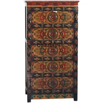 Угловой шкаф в китайском античном стиле, Бамбуковый комод с тибетской росписью, Шкаф для хранения одежды из массива дерева, Шкаф для одежды