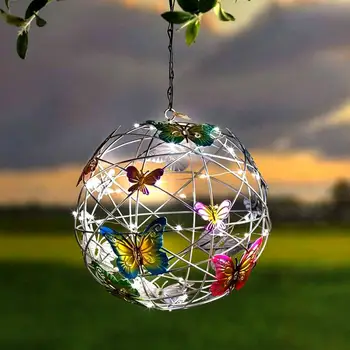 Садовый подвесной солнечный светильник, круглый шар с бабочкой, водонепроницаемая металлическая подвесная лампа для плетения, домашний декоративный ночник