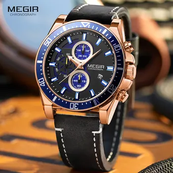 MEGIR 2020 Роскошный Кожаный ремешок Кварцевые часы Мужская Мода Повседневные Спортивные Часы с Хронографом Мужские Водонепроницаемые Светящиеся Наручные часы