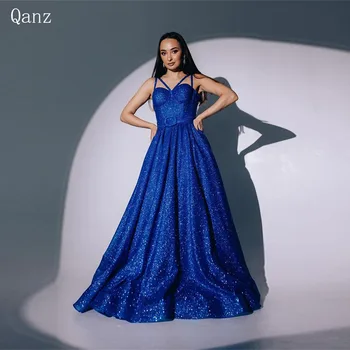 Qanz Королевские Синие Блестящие Атласные Платья Для Выпускного Вечера С Блестящими Бретельками, Длинный Трапециевидный Корсет, Элегантное Вечернее Платье Vestido De Fiesta