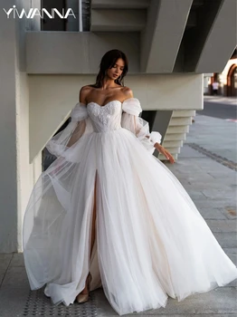 Элегантное свадебное платье с открытыми плечами, расшитое блестками и бусинами, Белое длинное свадебное платье трапециевидной формы Robe De Mariée