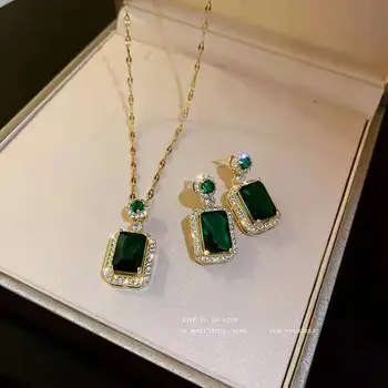 Корейский изысканный Изумрудно-зеленый циркон, геометрические квадратные серьги-гвоздики, ожерелье, набор для женщин, Свадебный комплект ювелирных изделий для новобрачных