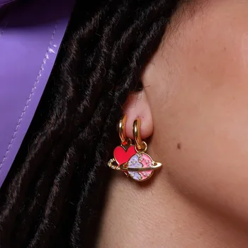 Серьги-кольца с подвесками в виде розового космического сердца Сатурна со стразами для девочек-подростков y2k jewelry galaxy earrings cute kawaii jewelry kids
